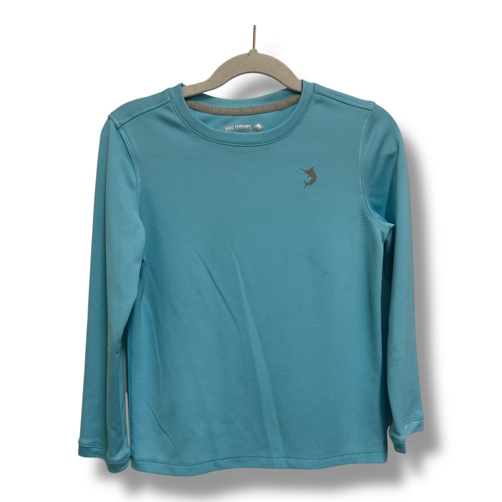 Reel Legends Freeline Kids L(6) Aqua Blue Long Sleeve Performance Fishing Shirt
